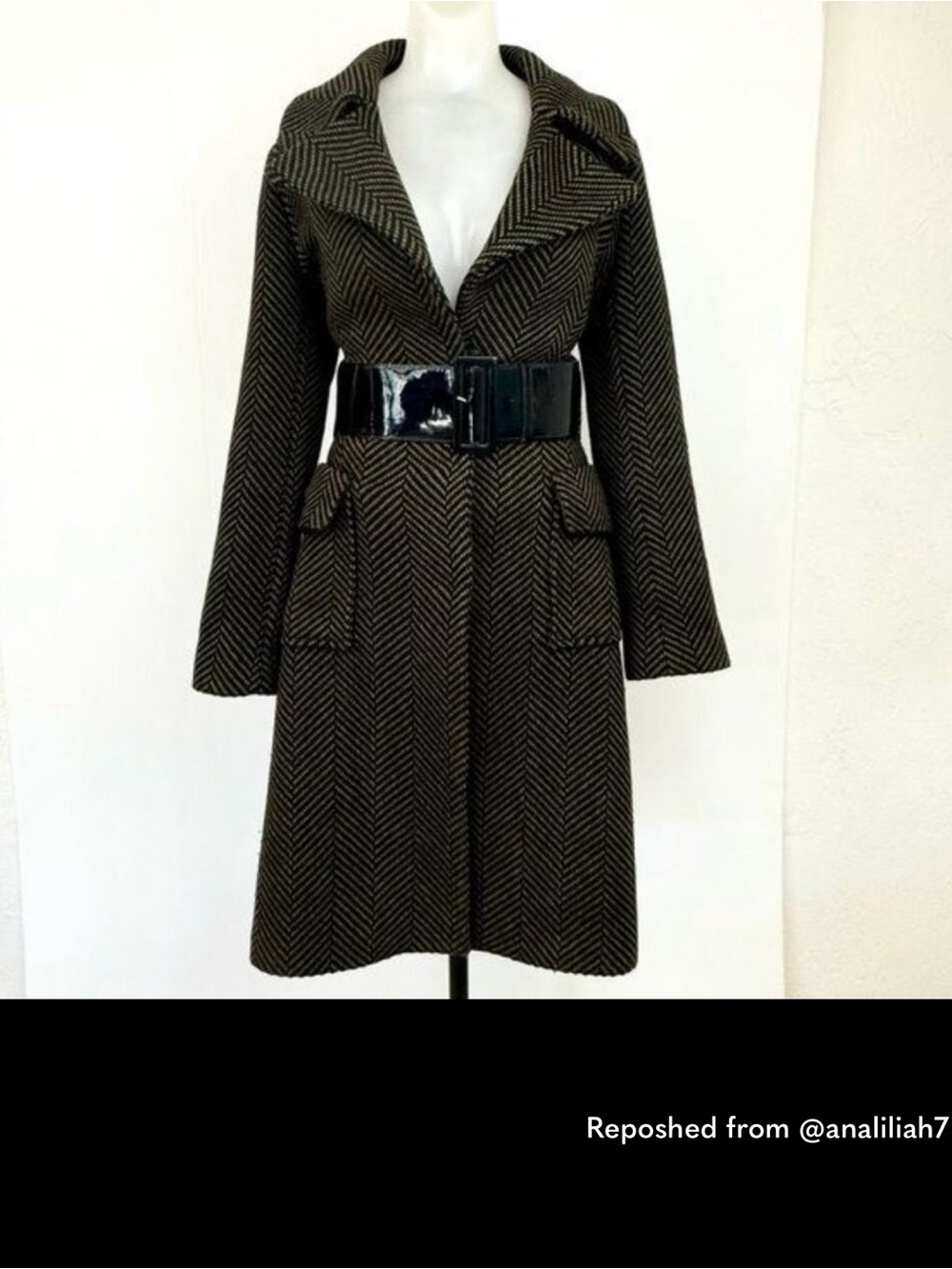 Zara Black and Brown Herringbone Wool Blend Coat with Patent Waist Belt